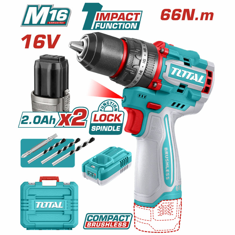 Drill Taladro Inalámbrico 66N.m 16V Función De Impacto. Motor Sin Escobillas. Con 2 Baterías, Cargador Y Accesorios.