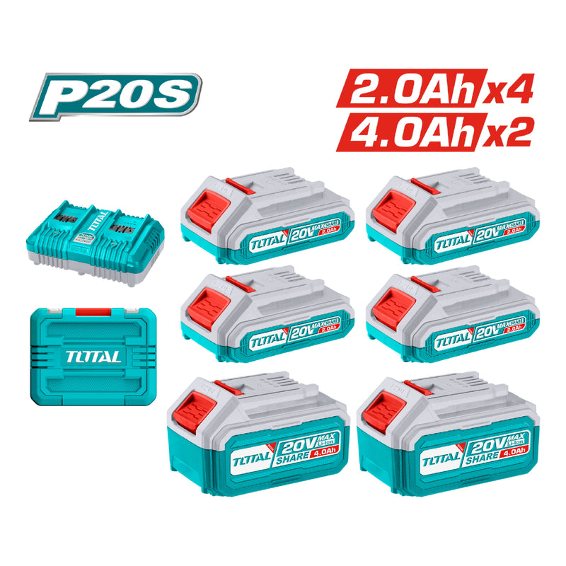 Baterías 20V 2.0Ah (4) y 4.0Ah (2) y Cargador inalámbrico doble 21V 4A. P20S. Incluye maletin.