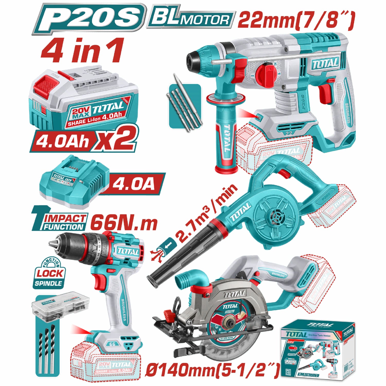 Combo Total Inalámbrico 20V: Drill Taladro 66N.m, Taladro Rotomartillo 22mm (7/8"), Sierra circular 6300rpm, Soplador 2.7 m³/min.