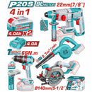 Combo Total Inalámbrico 20V: Drill Taladro 66N.m, Taladro Rotomartillo 22mm (7/8"), Sierra circular 6300rpm, Soplador 2.7 m³/min.