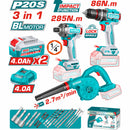 Combo Total Inalámbrico 20V: Llave de impacto 1/4" 285N.m, Drill taladro 86N.m y Soplador 2.7 m³/min. Incluye baterias y cargador.