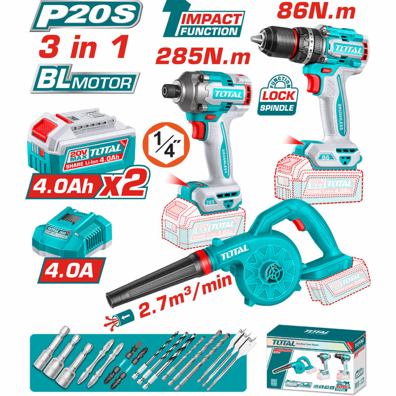 Combo Total Inalámbrico 20V: Llave de impacto 1/4" 285N.m, Drill taladro 86N.m y Soplador 2.7 m³/min. Incluye baterias y cargador.