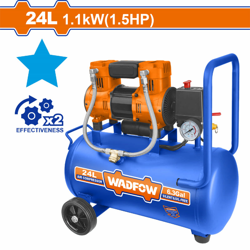 Compresor de Aire 24L (6.3 Gal) 1100W (1.5HP) 110V Sin Aceite 8Bar 67dB Motor Aluminio 3400rpm