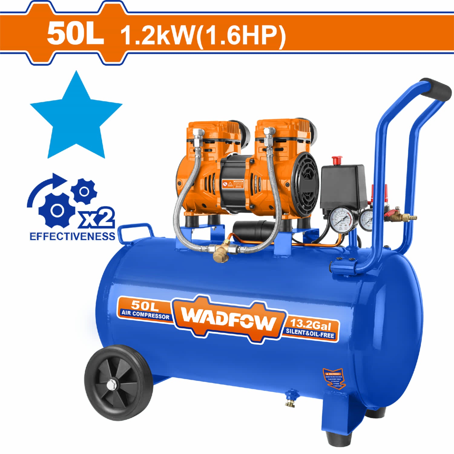 Compresor de Aire 50L (13.2Gal) 1200W (1.5HP) 110V Sin Aceite 8Bar 75dB Motor Aluminio 3400rpm