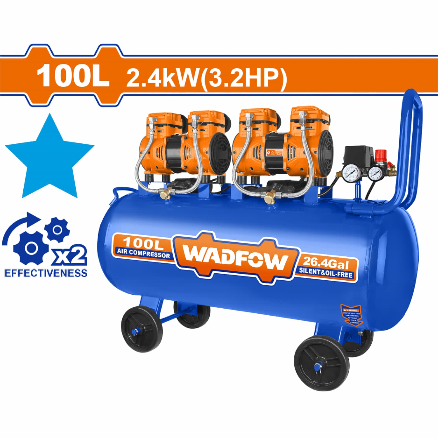 Compresor de Aire 100L (26.4Gal) 1200W (3.2HP) 110V Sin Aceite 8Bar 75dB Motor Aluminio 3400rpm