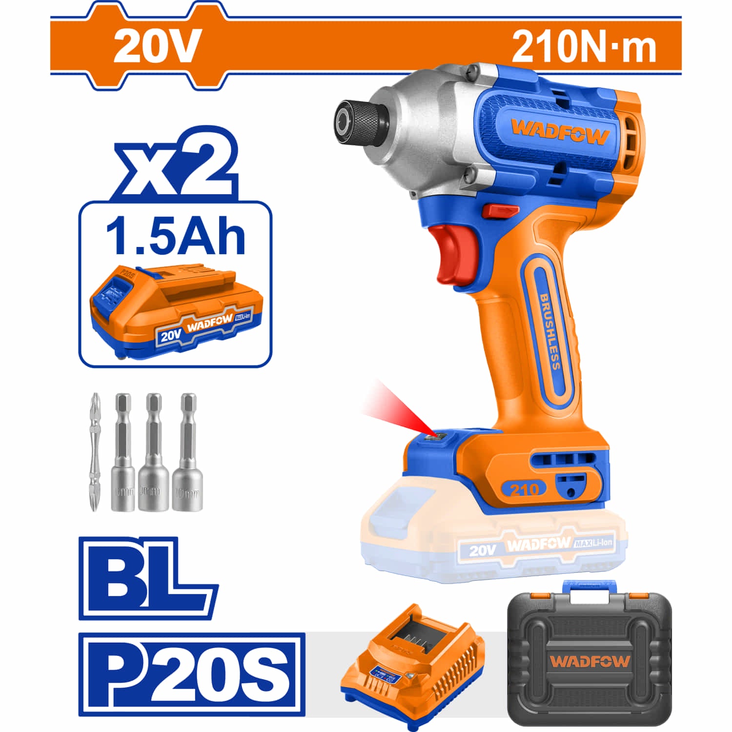 Llave impacto dado hexagonal 1/4" 20V Motor sin escobillas. 210NM. Velocidad sin carga 0-2600rpm. Incluye 1 punta, 3 adaptadores, 2 baterías 2.0Ah y 1 cargador