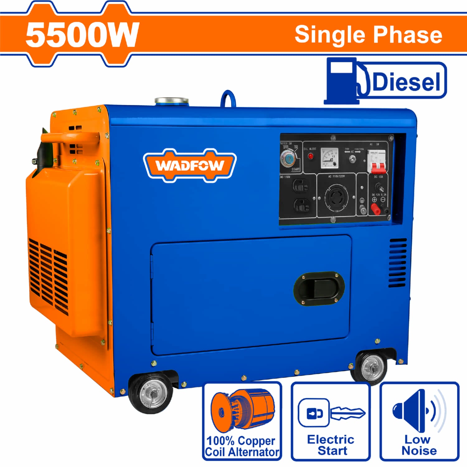 Generador Diesel silencioso 5500W Monofasico 9HP arranque eléctrico 17L Bobina de cobre. Planta Generadora