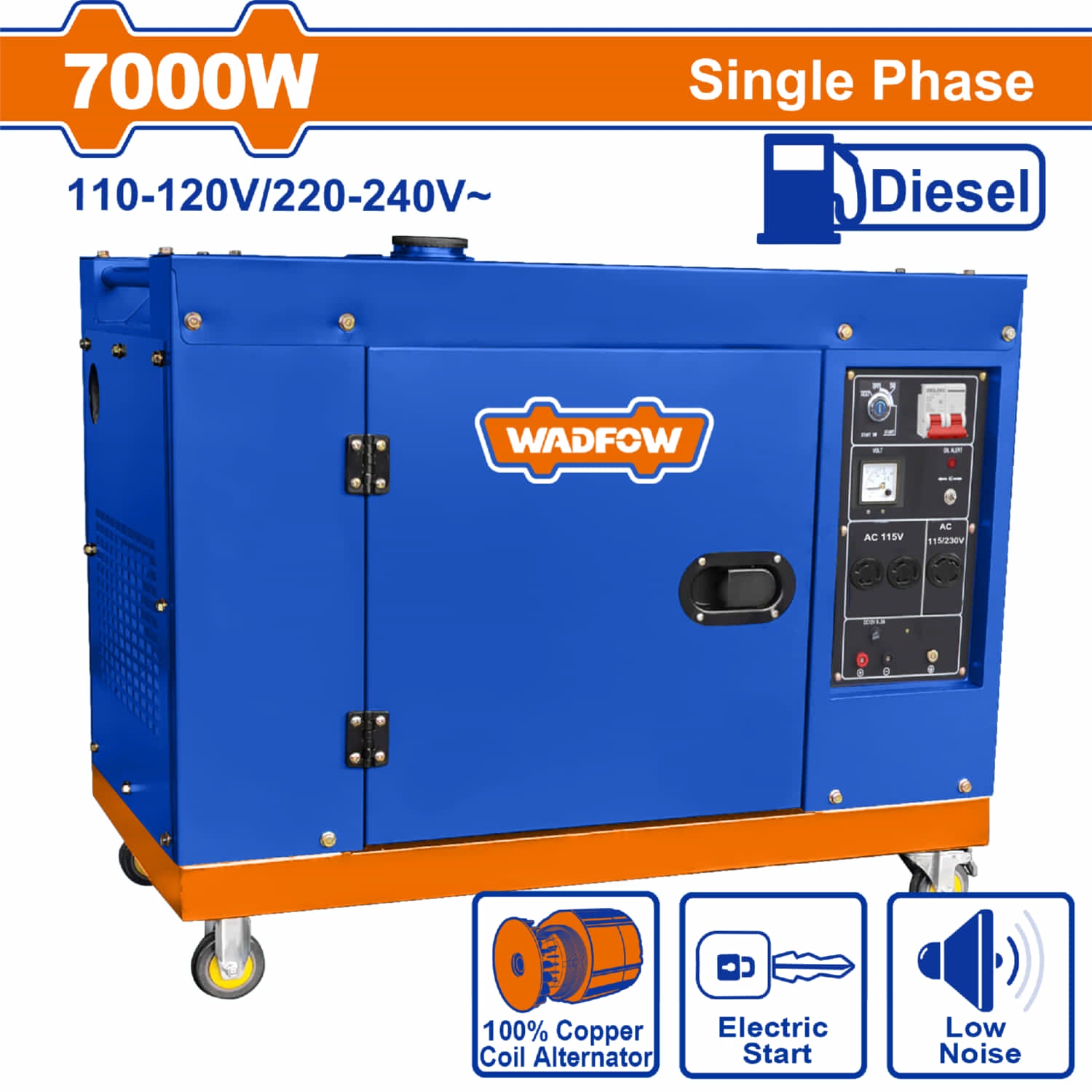 Generador Diesel silencioso 7000W Monofasico 11HP arranque eléctrico 17L Bobina de cobre. Planta Generadora