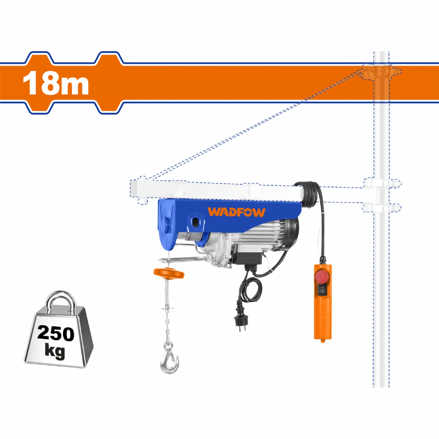 Winche Tecle Eléctrico Grua 580W Carga Max 125Kg Elevación Max 18M Velocidad 10M/Min, 5M/Min IP54 Polipasto Electrico