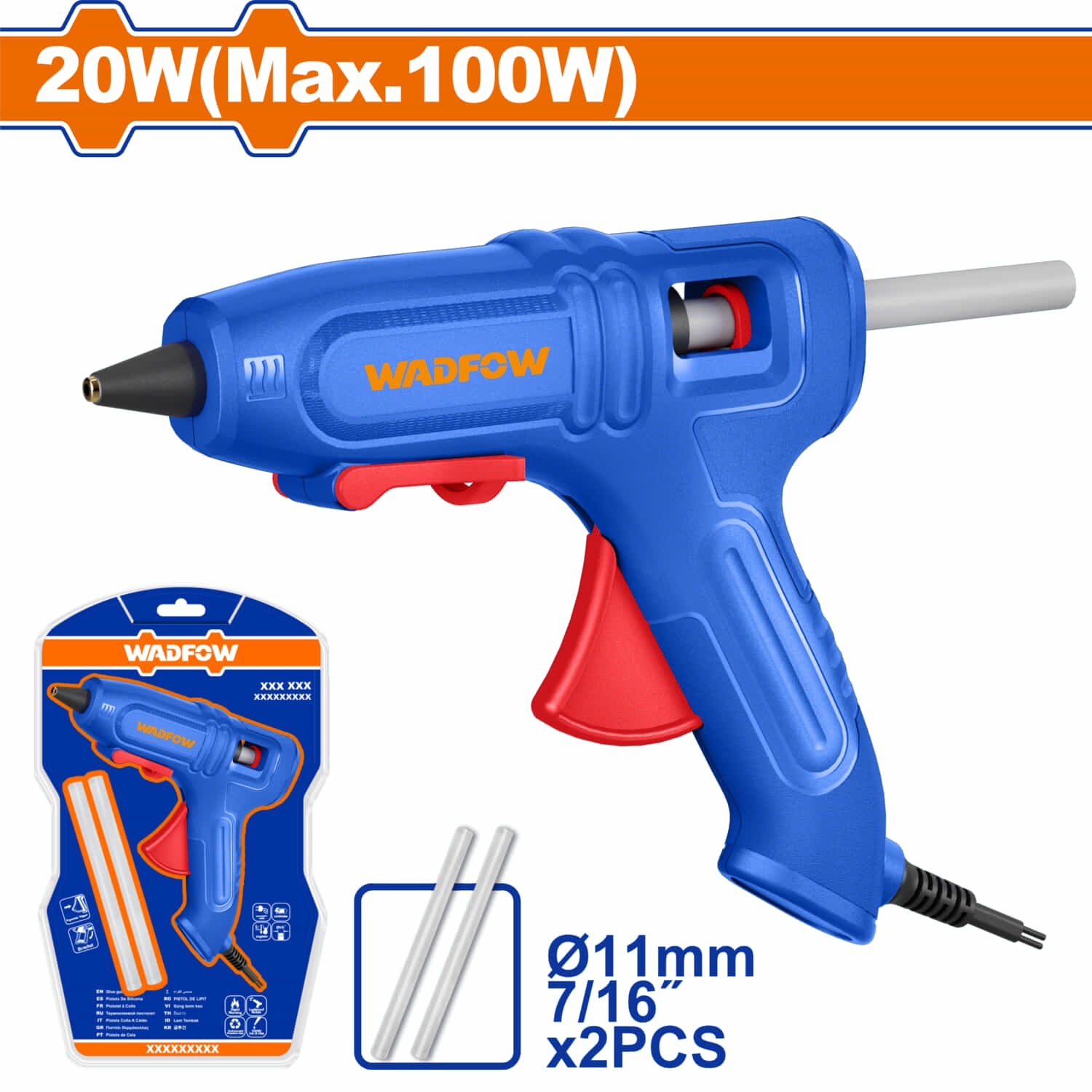 Pistola de Silicón 20W (Max 100W) 110-120V. Diámetro de la barra:11,2 mm Incluye 2 barras de pegamento 150mm. Pistola goma caliente.