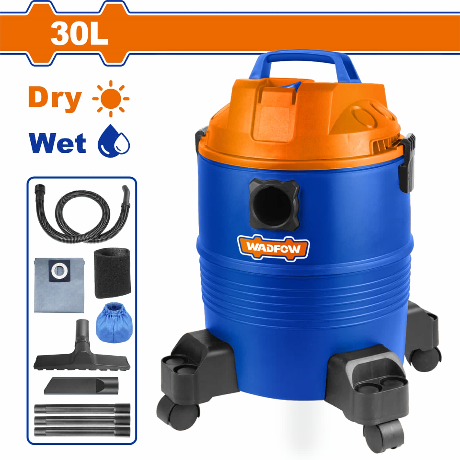 Aspiradora de Limpieza 2 en 1 110V-120V~60Hz. 1100W. Limpieza húmeda y seca. Capacidad: 30L Función Soplado.