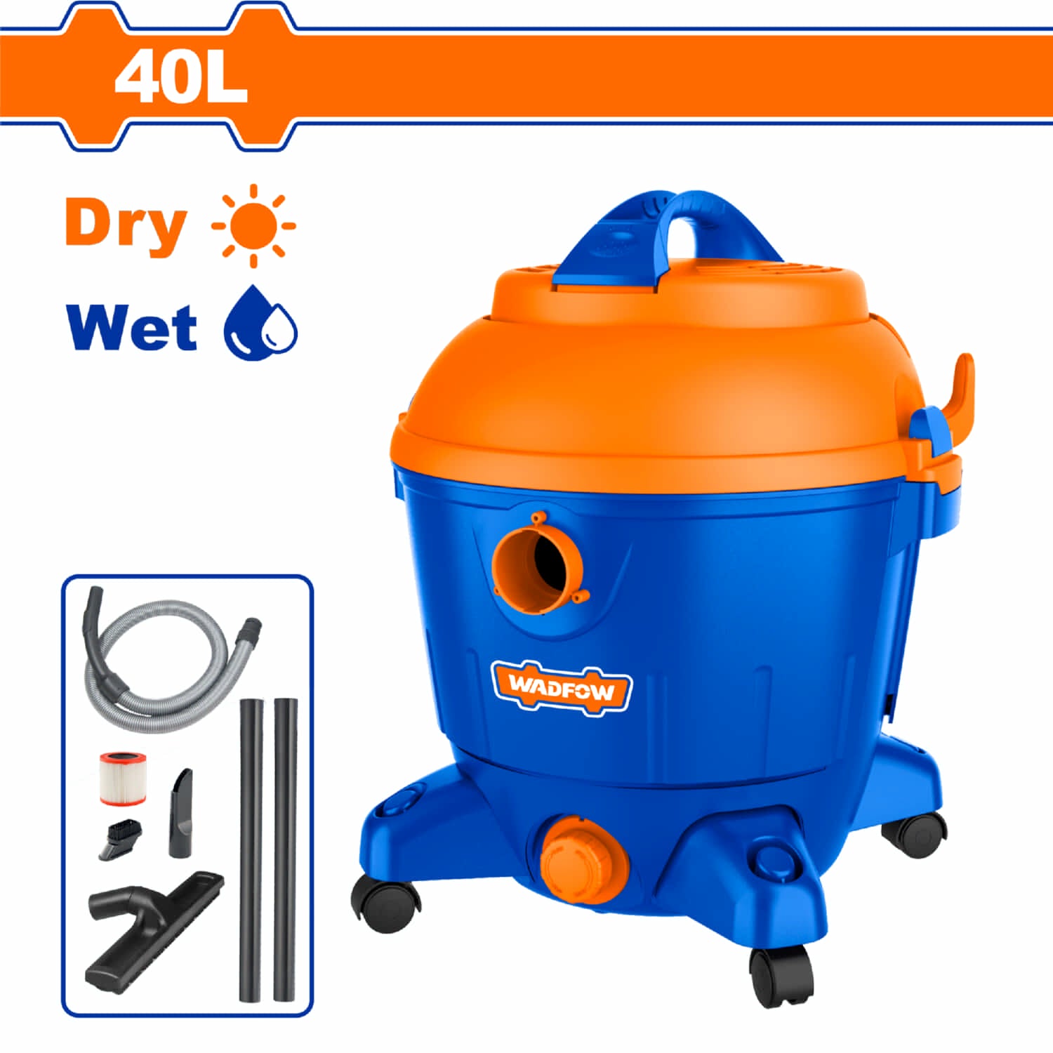 Aspiradora de Limpieza 2 en 1 110V-120V~60Hz. 1200W. Limpieza húmeda y seca. Capacidad: 40L Limpieza en seco y húmedo