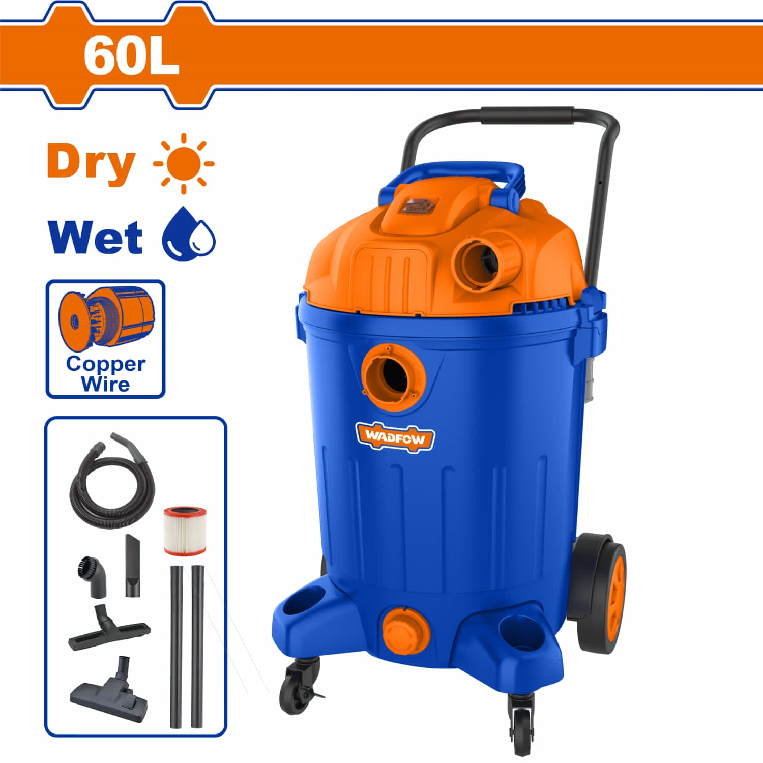 Aspiradora de Limpieza 2 en 1 110V-120V~60Hz. 1400W. Limpieza húmeda y seca. Capacidad: 60L Función Soplado.