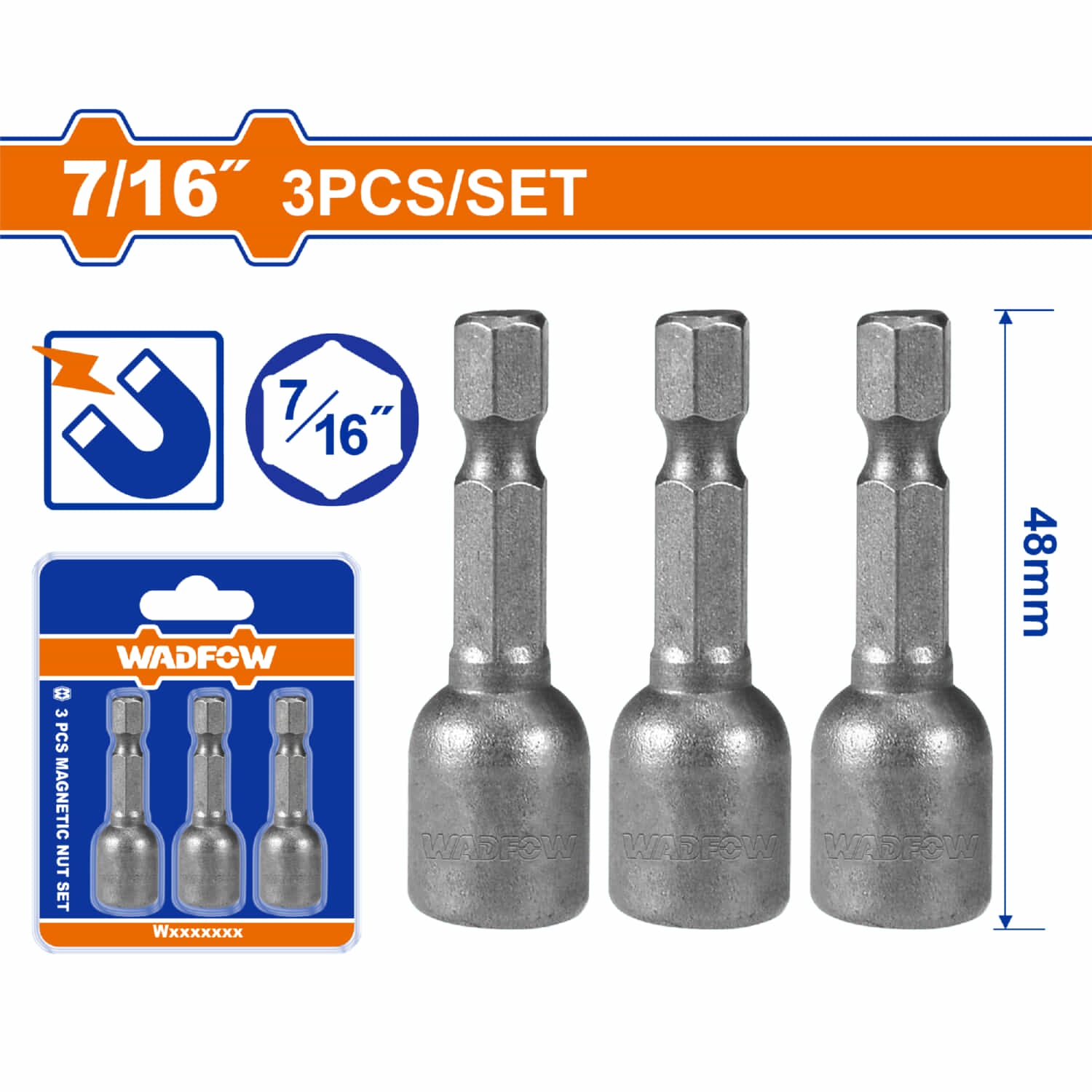 Copas Hexagonales Magnéticas 7/16"  Hex Largo 48mm 50BV30 Set 3 Pzas