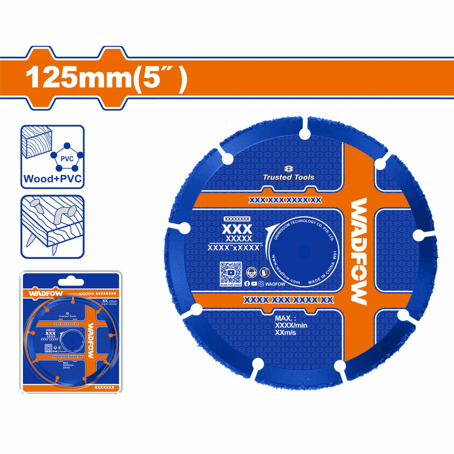 Disco de Corte de Madera con Carburo YG6 125mm(5") Eje 22.2mm(7/8") Corte madera, plástico, PVC.