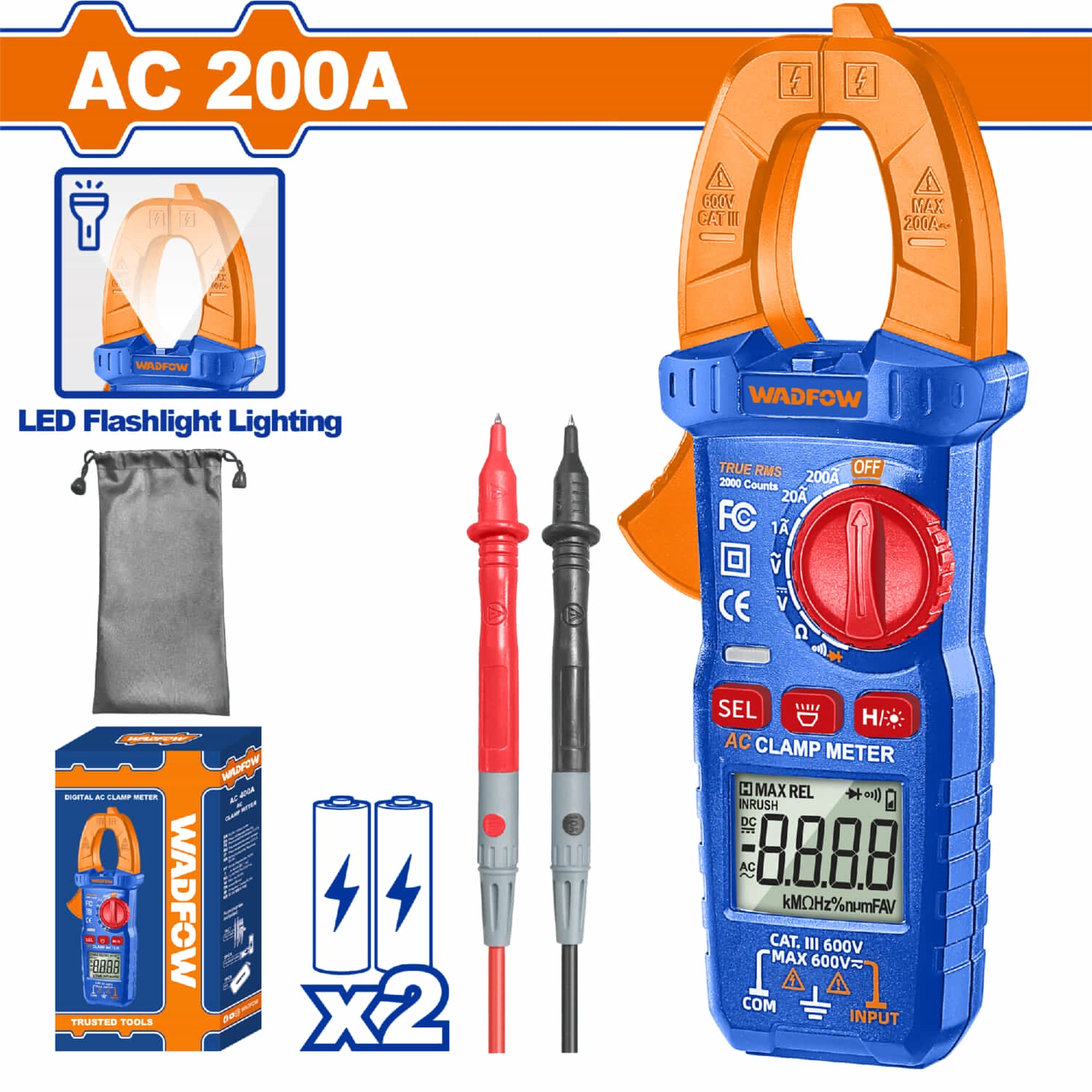 Medidor de abrazadera. Pinza amperimétrica AC 200A 2000 Dígitos. Baterías 2 AAA. Medidor de Voltaje.