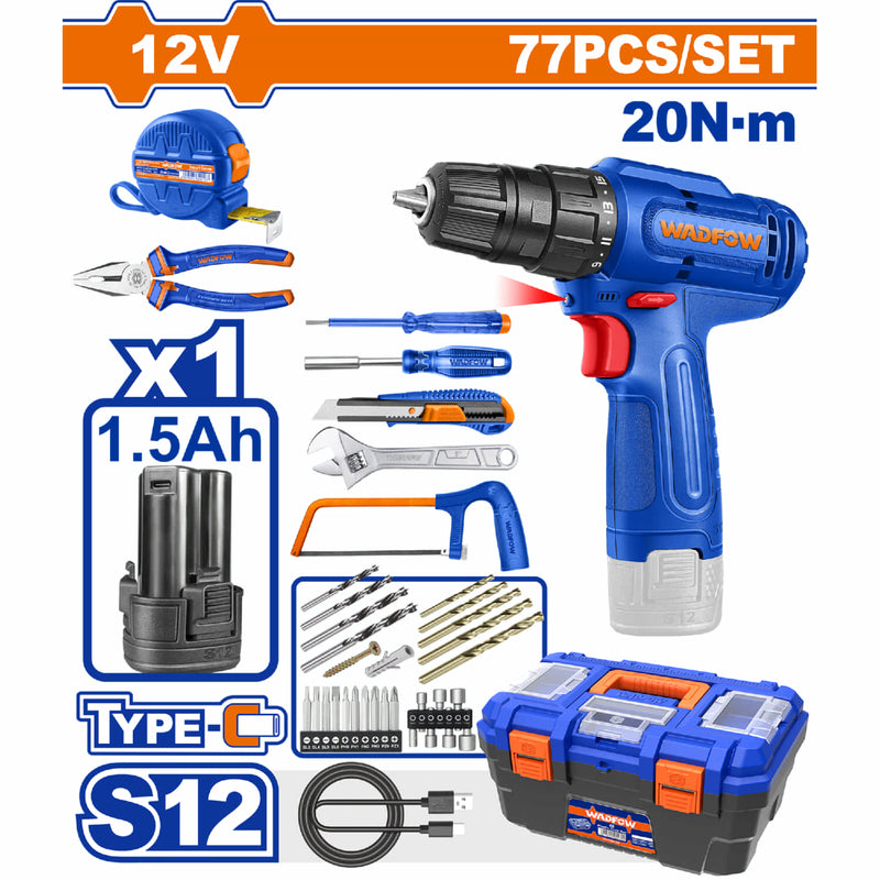 Herramientas surtidas con Taladro Inalámbrico 12V 20Nm con cable USB tipo Samsung. Juego de 77 piezas.