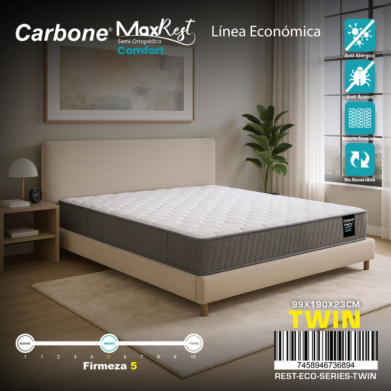 Colchón Semi-Ortopédico Empacado al Vacío Max Rest. Línea económica con Resortes, 23cm (9") Espesor TWIN 99x190x23cm. Nivel de firmeza 5.