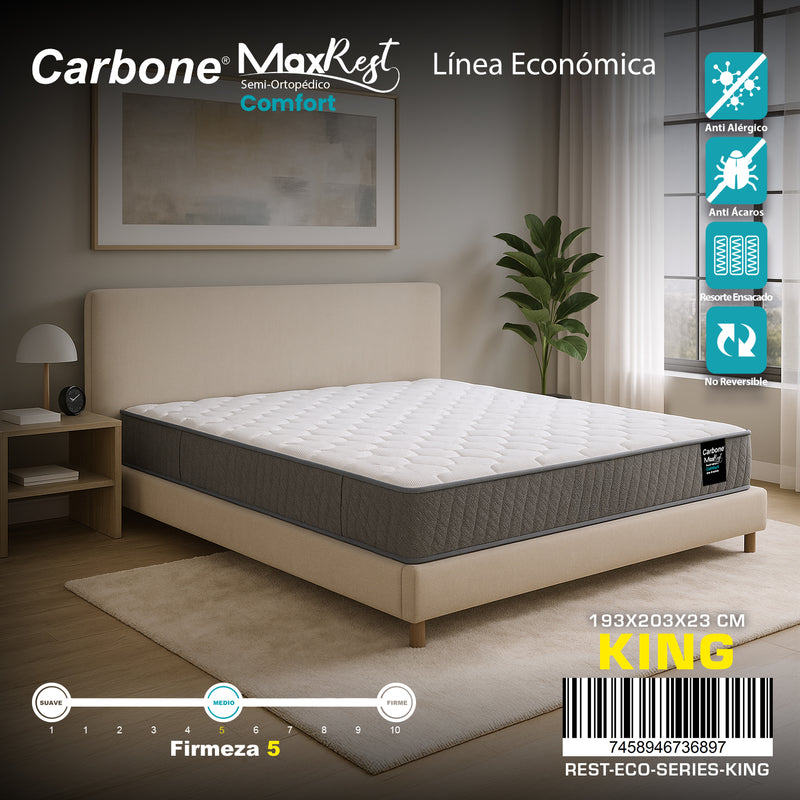 Colchón Semi-Ortopédico Empacado al Vacío Max Rest. Línea económica con Resortes, 23cm (9") Espesor KING 193x203x23cm. Nivel de firmeza 5.