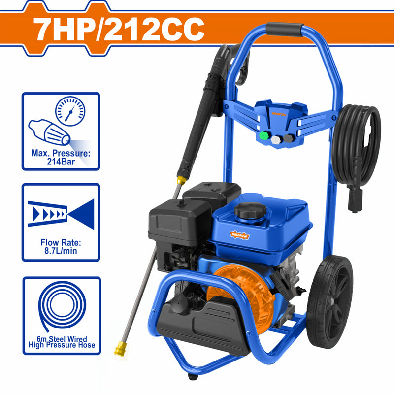 Hidrolavadora a Gasolina 7HP 212cc 3100PSI 214Bar Caudal 8.7L/min Manguera 6m Pistola 3 Boquillas. Lavadora a presión