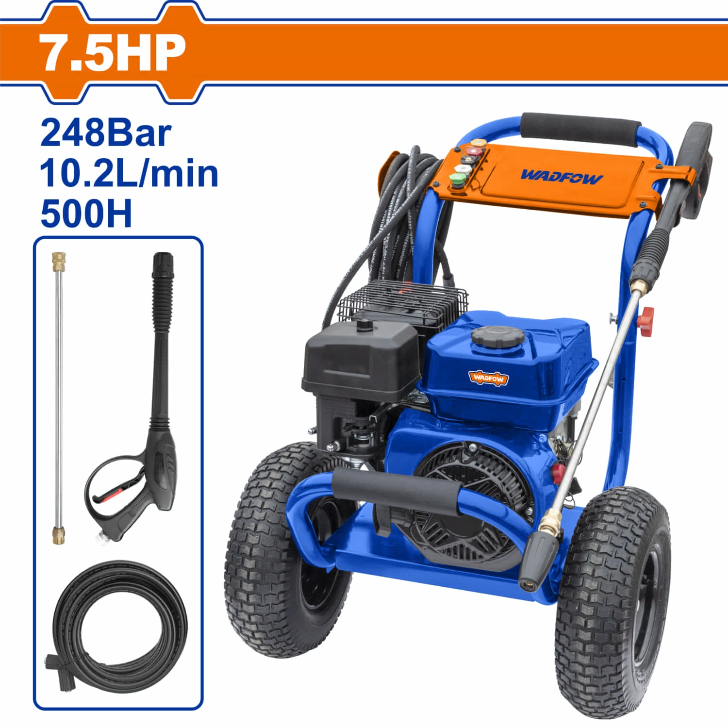 Hidrolavadora a Gasolina 7.5HP 224cc 3600PSI 248Bar Caudal 10.2L/min Manguera 10.6m Pistola 5 Boquillas. Lavadora a presión