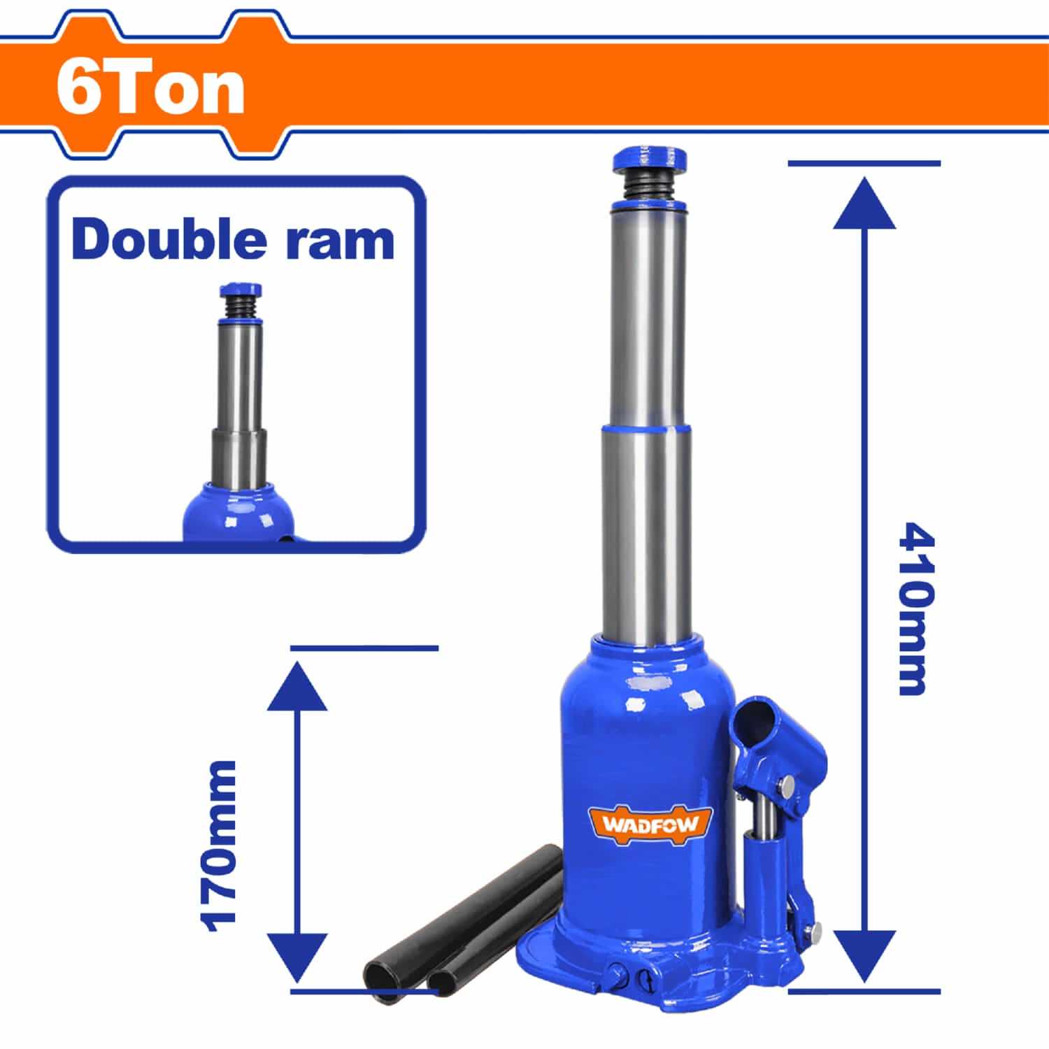 Gato Hidráulico Botella de 6 Ton. Alt. mínima:170mm Alt. Elevación: 185mm. Alt. Ajustable: 55mm Doble Cilindro