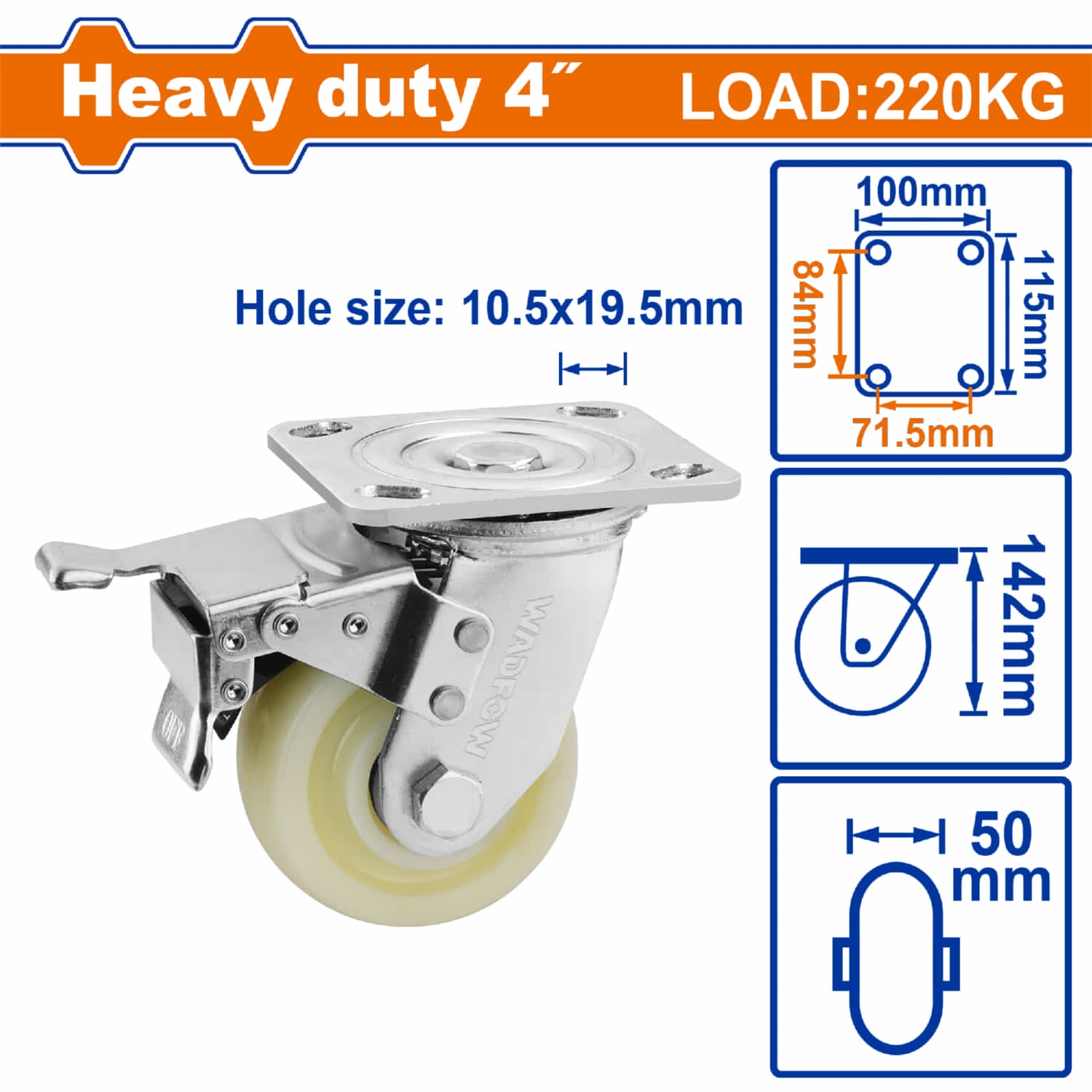 Rueda giratoria con freno 4" Serie trabajo pesado Carga 220Kg Plástico blanco. Rodachin