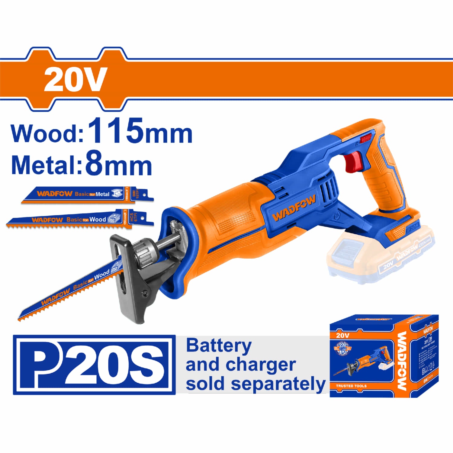 Sierra sable reciproca 20V. Velocidad 0-2800rpm Capac de corte: 8mm metal - 115mm madera. No incluye batería ni cargador.