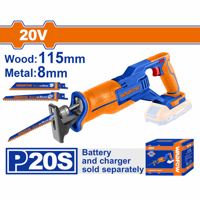 Sierra sable reciproca 20V. Velocidad 0-2800rpm Capac de corte: 8mm metal - 115mm madera. No incluye batería ni cargador.
