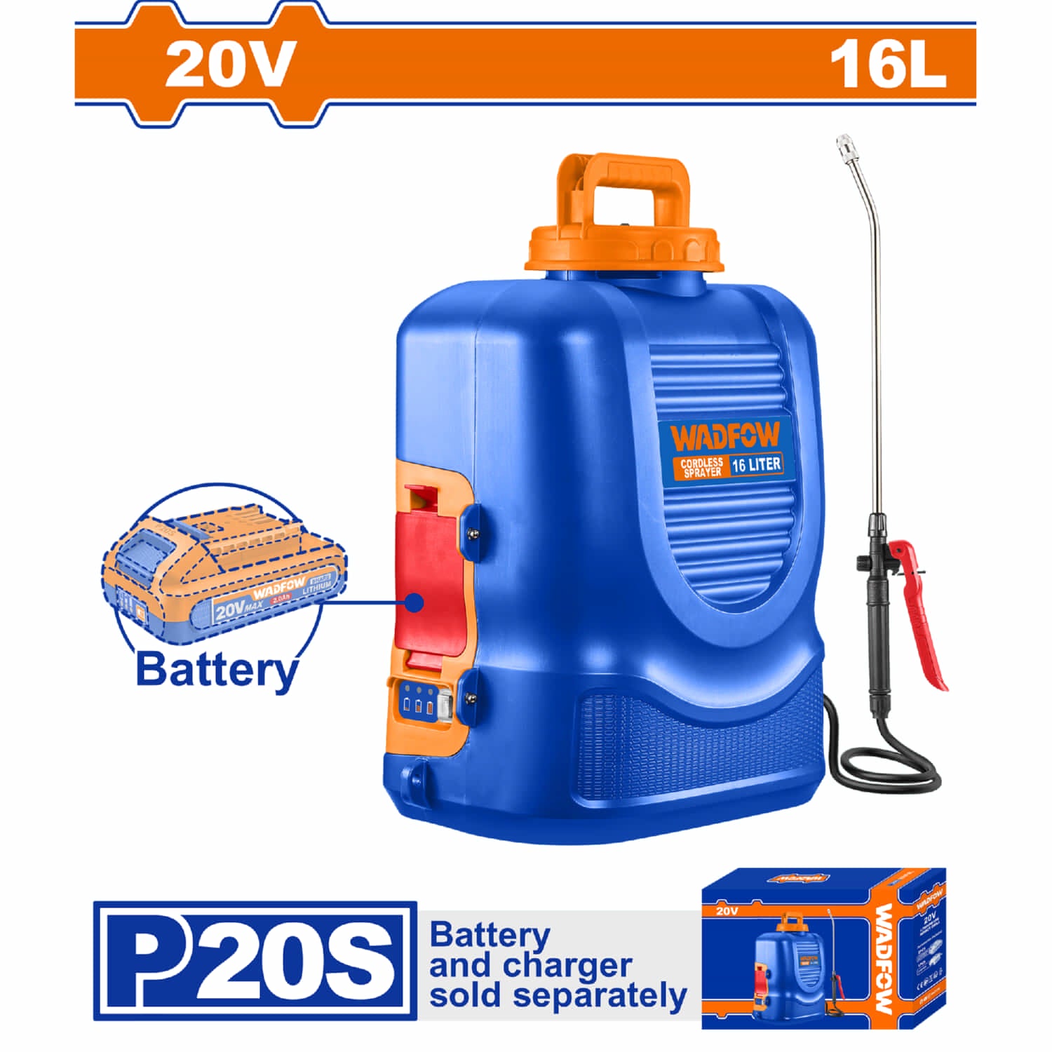 Fumigadora 16L Asperjadora Rociador 20V Inalámbrica con dos velocidades 5BAR. No incluye batería ni cargador.