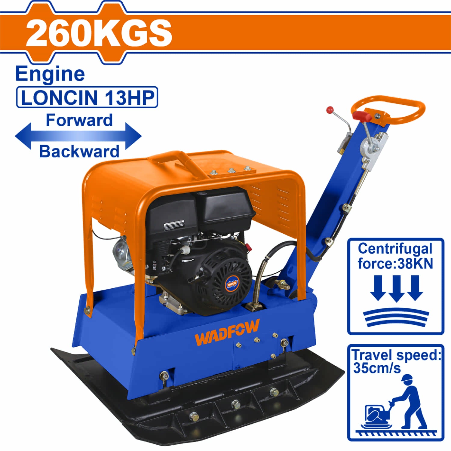 Compactadora de plato reversible a gasolina de 8.2kW(13HP) Fuerza Centrífuga 38Kn