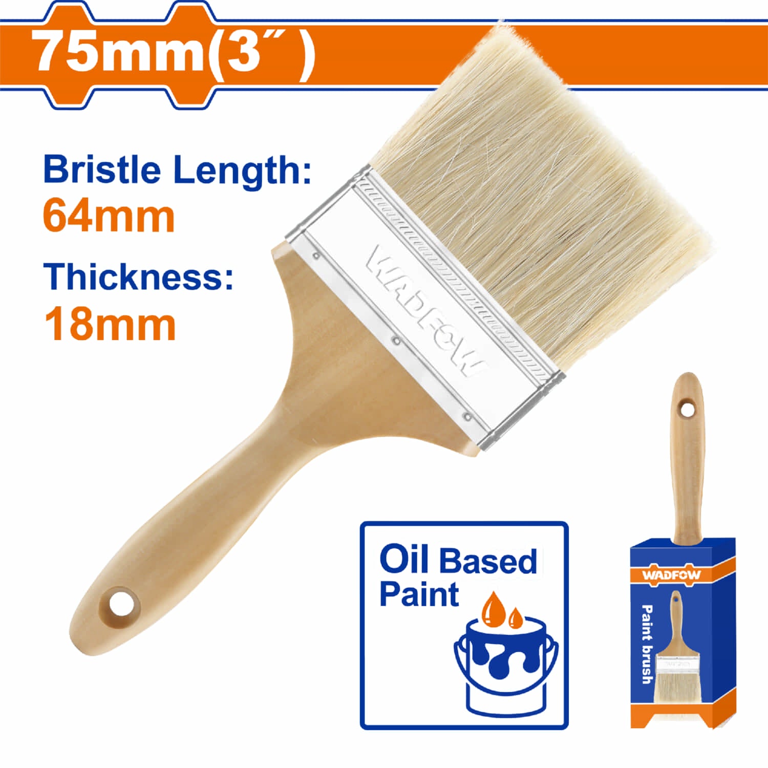 Pincel para pintura al óleo 3" (75mm) Long 64mm, Grosor 18mm. Mango de Madera. Brocha
