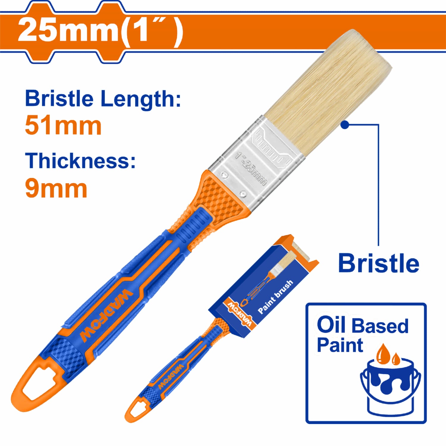 Pincel para pintar 25mm (1") Cerdas alta calidad. Para pintura al óleo. Long: 51mm. Grosor: 9mm. Brocha