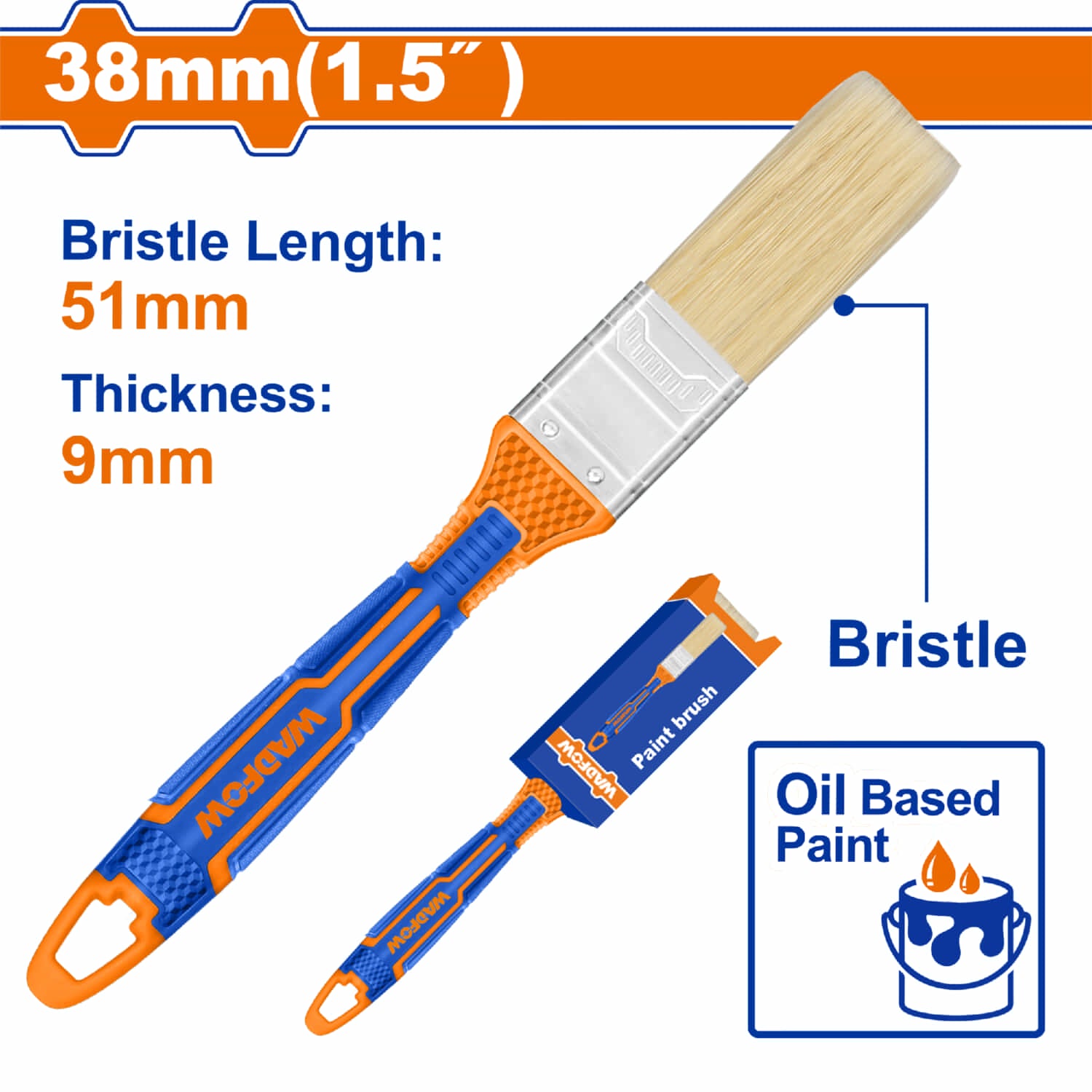 Pincel para pintar 38mm (1.5") Cerdas alta calidad. Para pintura al óleo. Long: 51mm. Grosor: 9mm. Brocha