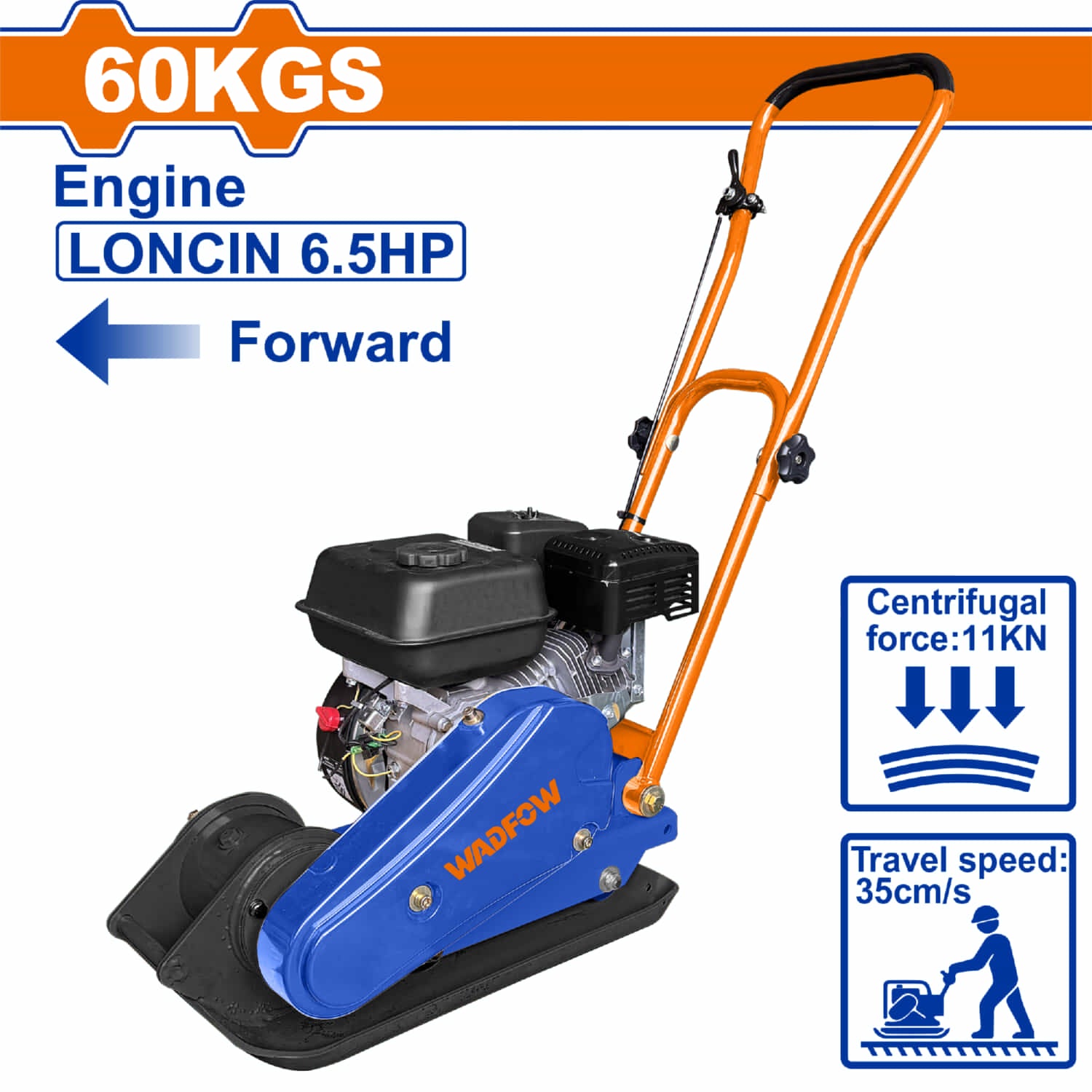 Compactadora Tipo Rana de Gasolina. Potencia del Motor: 4.8Kw (6.5HP) Peso: 60Kgs. Frecuencia: 5600 Aplanadora