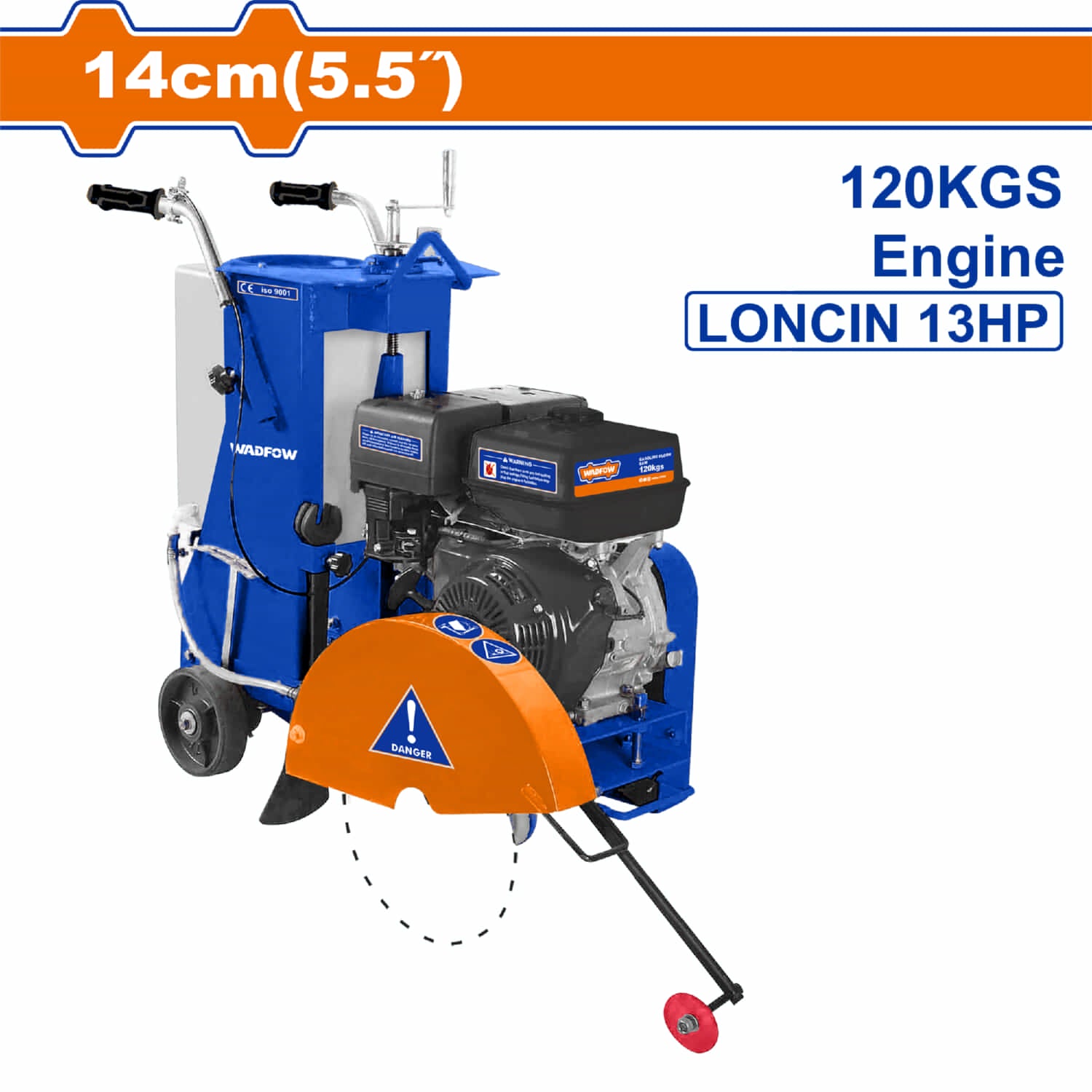 Cortadora de Pavimento a Gasolina 9.6Kw (13HP), Profundidad 14cm, Tanque 35L, Empuje Manual para Concreto