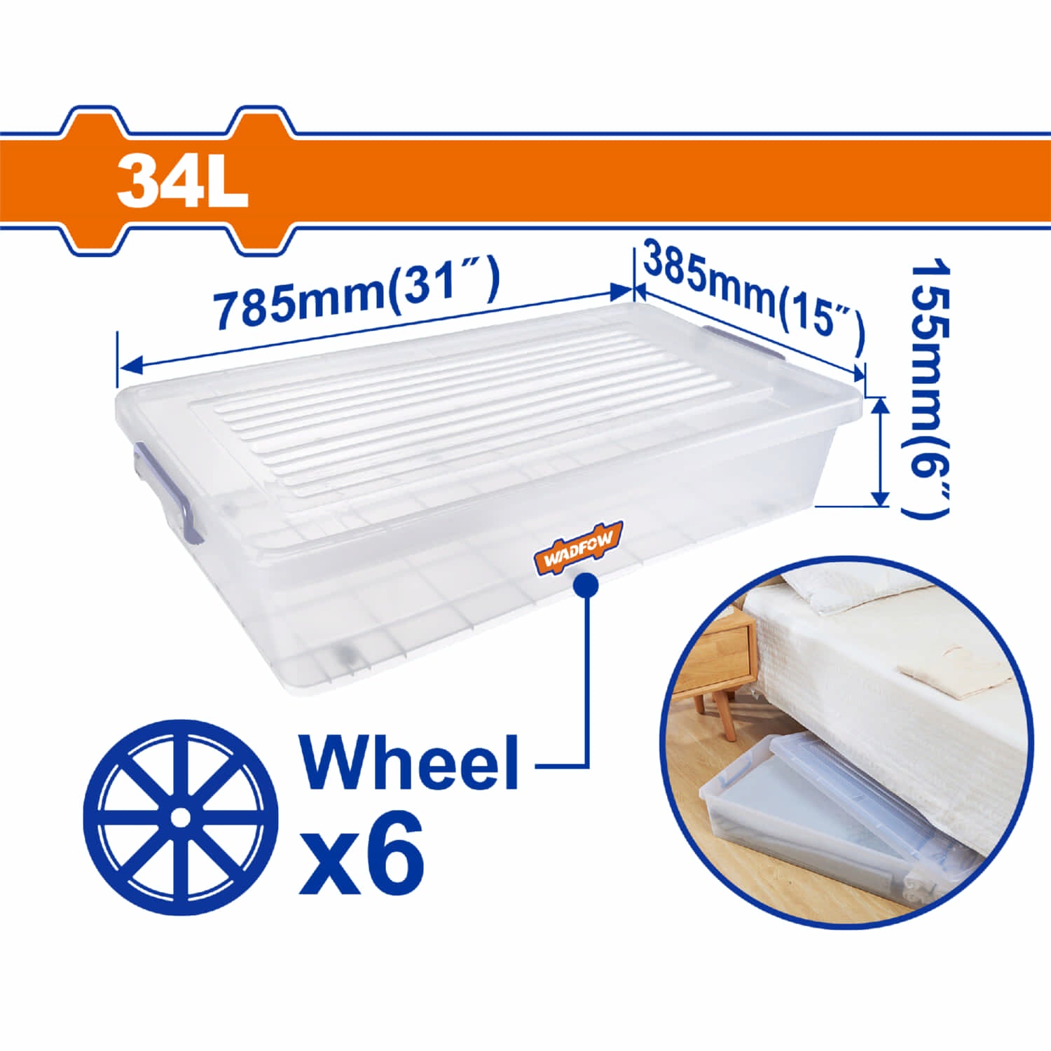 Caja Plástica de Almacenamiento con Ruedas Debajo de la Cama 31" 34L 785mm(31")*385mm(15")*155mm(6") 1350g. Organizador.