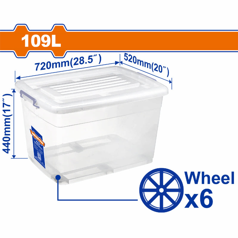 Caja Plástica de Almacenamiento con Ruedas 28.5" 109L 720mm(28.5")*520mm(20")*440mm(17") Peso: 2750g. Tapa Con Asa. Hebilla De Plástico. Organizador.