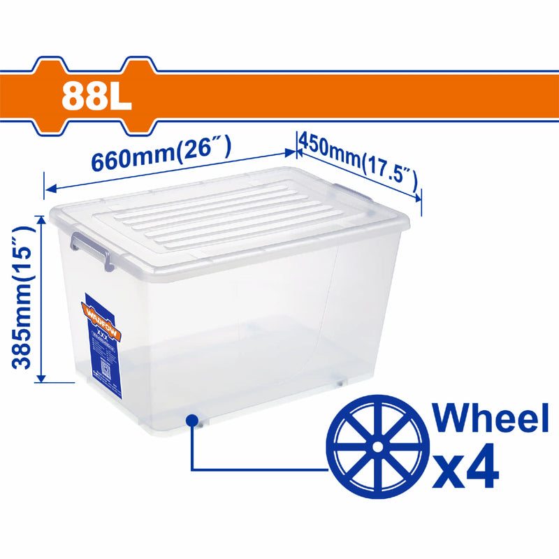 Caja Plástica de Almacenamiento con Ruedas 26" 88L 660 mm (26") x 450 mm (17,5") x 385 mm (15") Peso: 1950g. Tapa Con Asa. Hebilla De Plástico. Organizador.