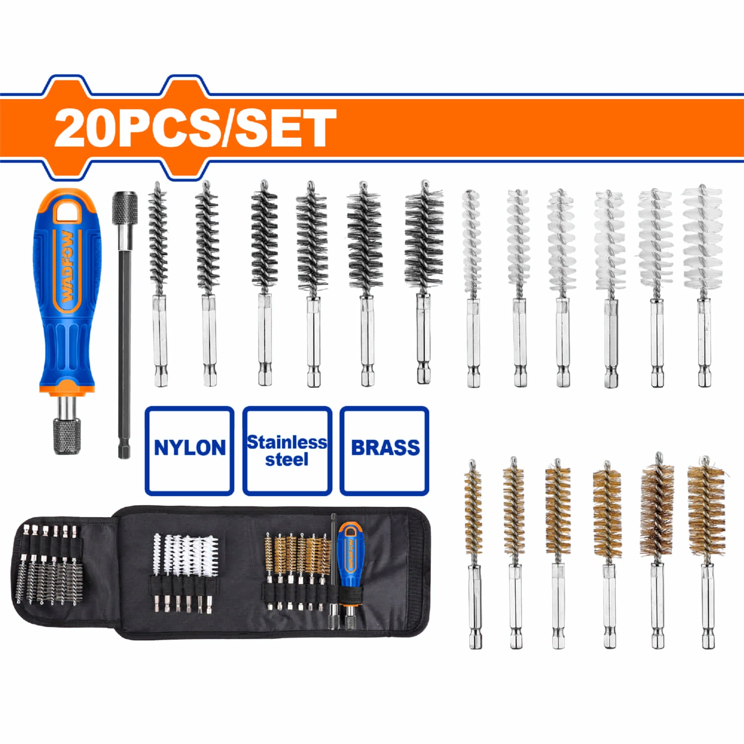 Cepillos para Tubos Nylon Acero y Bronce con Extension y Mango Suave para Limpieza Interna. Set de 20 pzas.