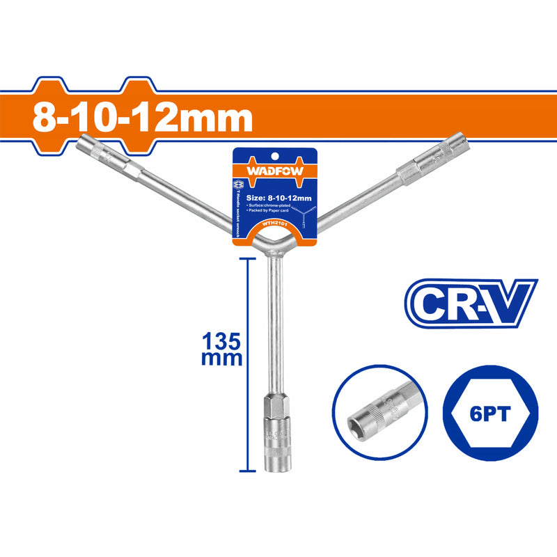 Llave Y para dados de llantas. 8-10-12mm. Cr-V. Cromado plateado. 135mm.