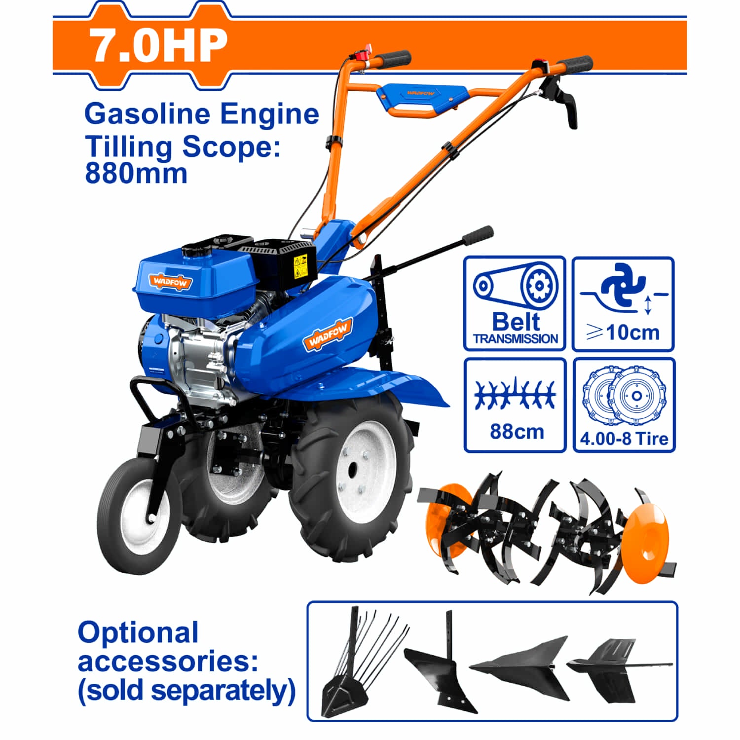 Motocultor motoazada a gasolina 170F(7.0HP) Labrado 540-880mm Prof ≥100mm Transmisión por Correa. Cultivador