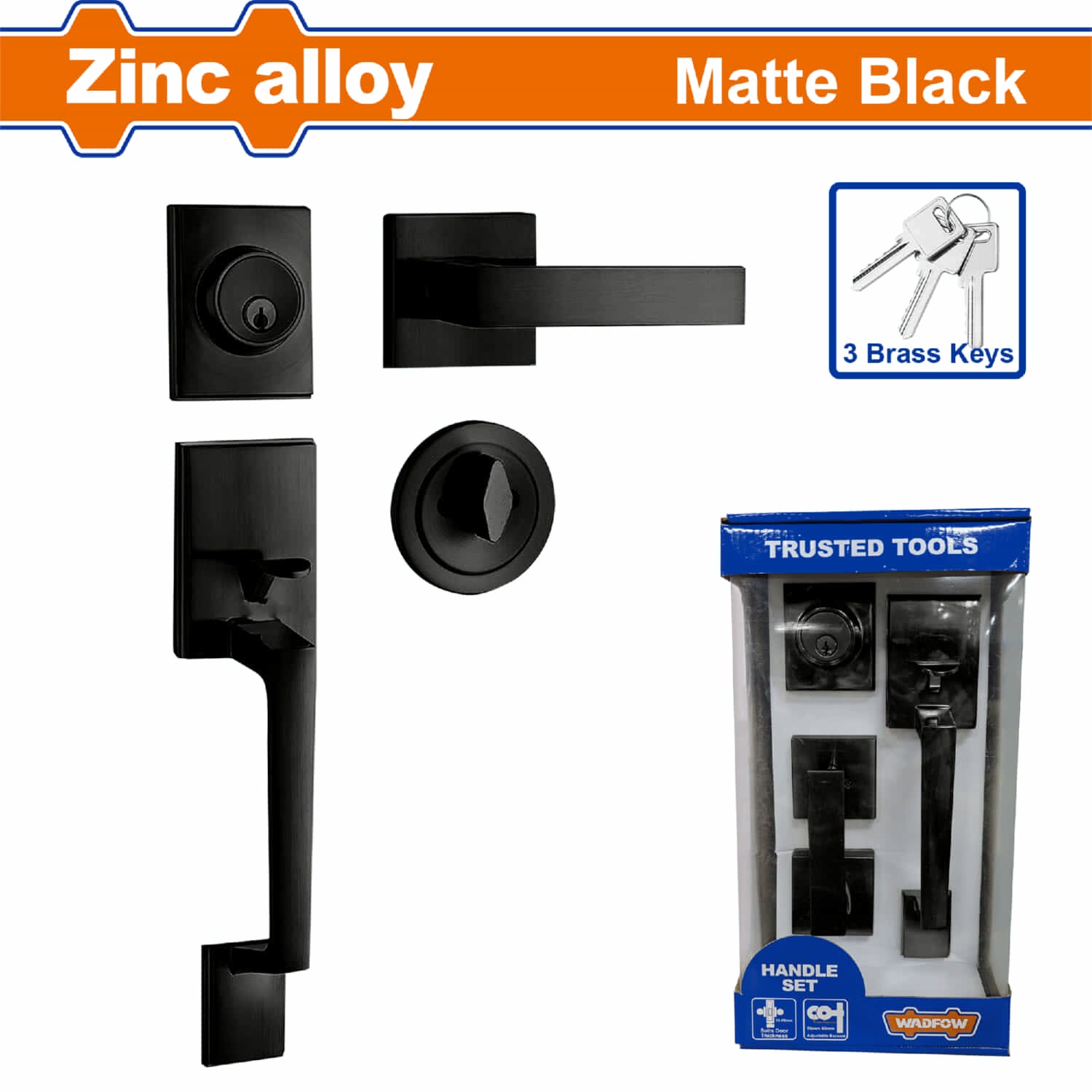 Cerradura puerta de entrada principal. Negro Mate. 3 llaves. Con gatillo cilindro único. Puerta grosor 35-45mm Manija