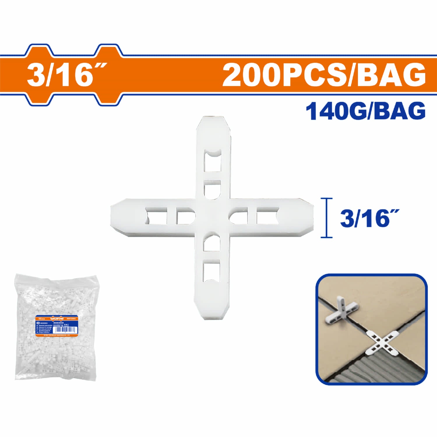 Cruz Espaciador de Baldosas. Separador de Baldosas 5mm 3/16". Se vende en paquete de 200 piezas.
