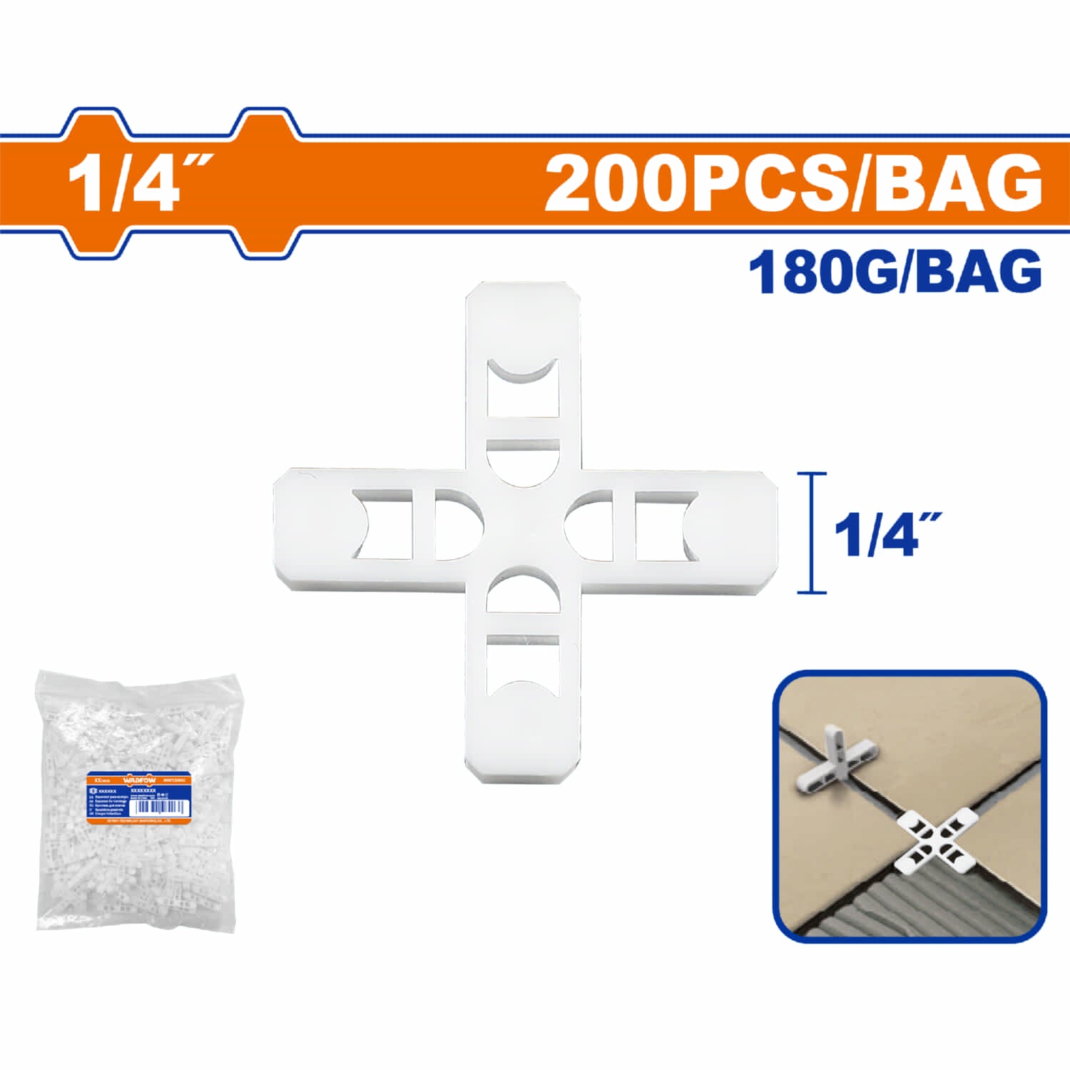 Cruz Espaciador de Baldosas. Separador de Baldosas 6mm 1/4". Se vende en paquete de 200 piezas.