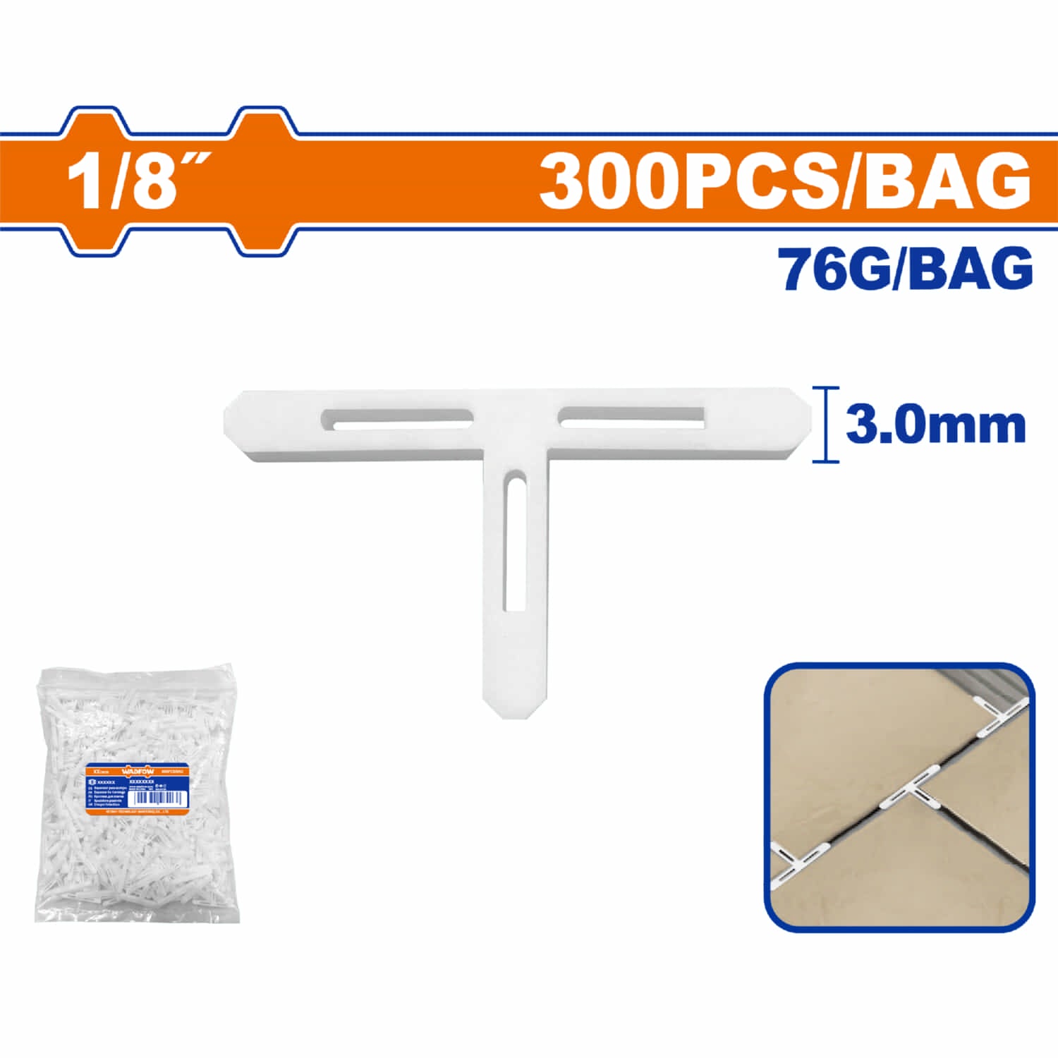 Espaciador de Baldosas Tipo T Separador de Baldosas 1/8" 3mm Se vende en paquete de 300 piezas.