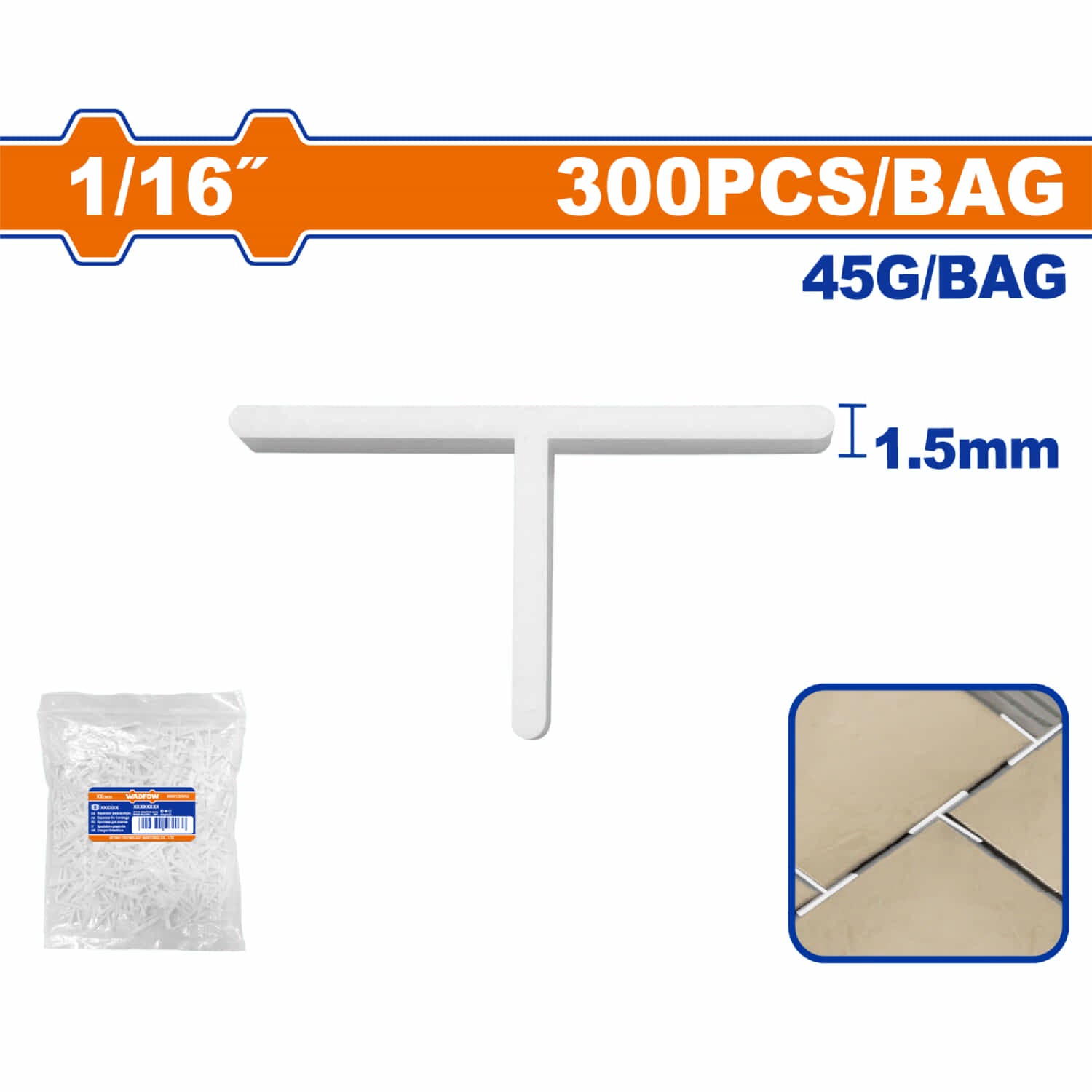 Espaciador de Baldosas Tipo T Separador de Baldosas 1/16" 1.5mm Se vende en paquete de 300 piezas.