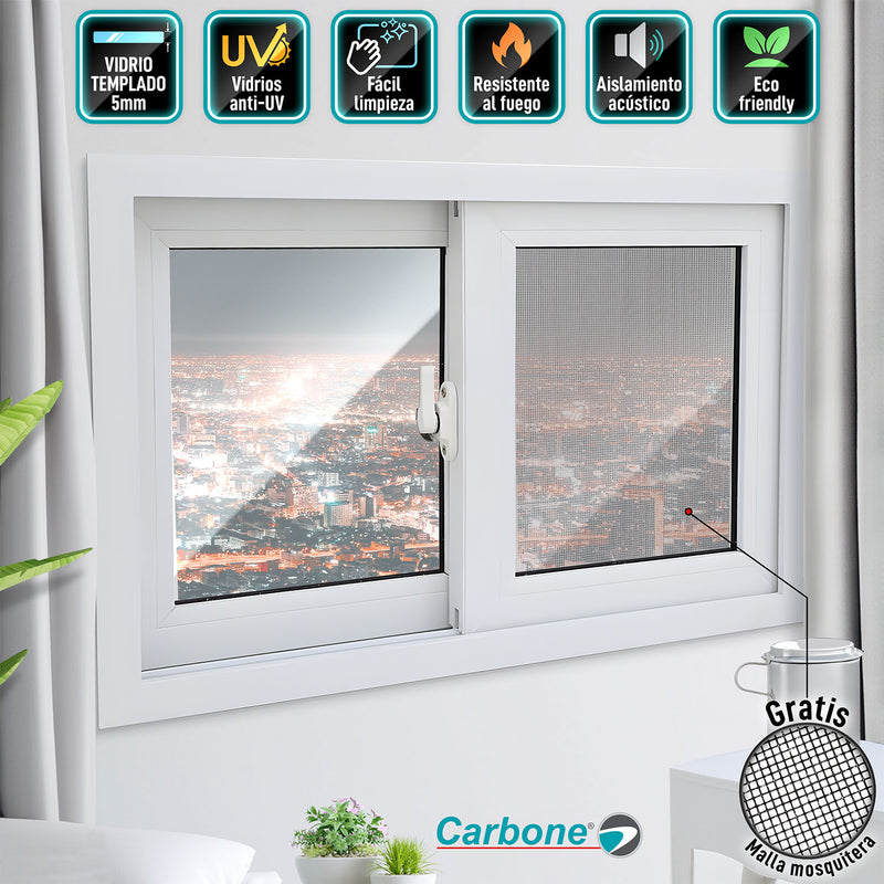 Ventana Corredera UPVC Blanca 60x60cm Anti UV  Vidrio de seguridad Templado 5mm (5 años de Garantía) Incluye malla mosquitera y Kit de ventana Francesa