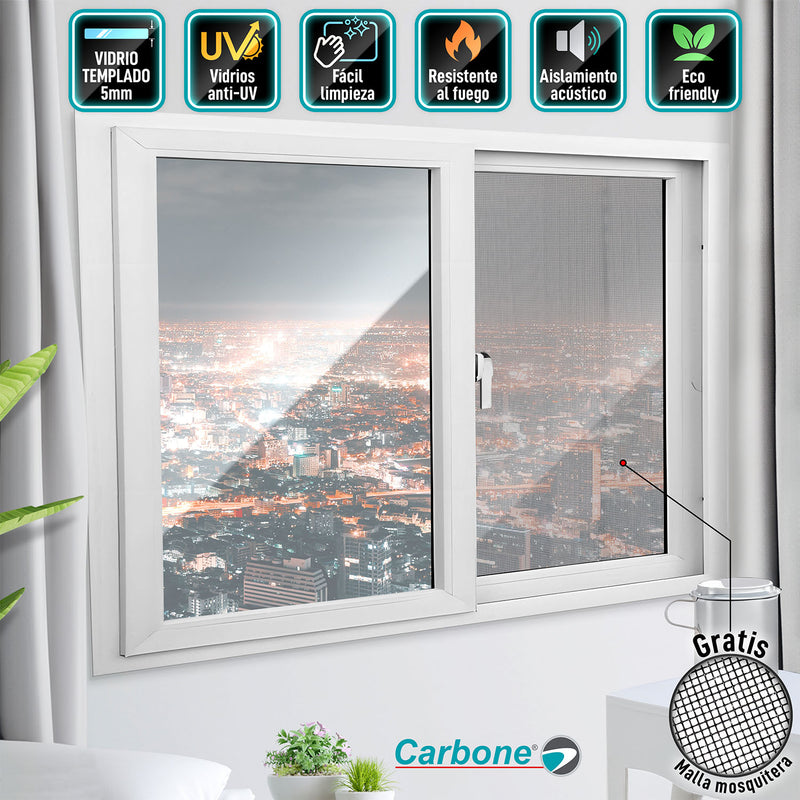 Ventana Corredera UPVC Blanca 150X120cm Reforzada Anti UV  Vidrio de seguridad Templado 5mm (5 años de Garantía) Incluye malla mosquitera y Kit de ventana Francesa