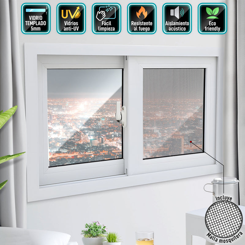 Ventana Corredera UPVC Blanca 100X100cm Anti UV  Vidrio de seguridad Templado 5mm (5 años de Garantía) Incluye malla mosquitera y Kit de ventana Francesa